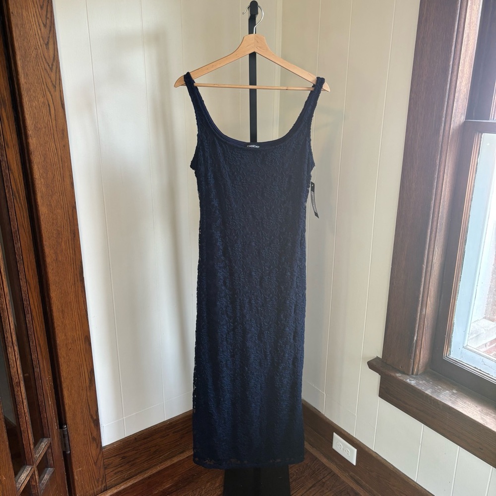 Bebe Navy Blue Lace Bodycon Maxi Dress Women S Sleeveless Floral Cocktail NWT
